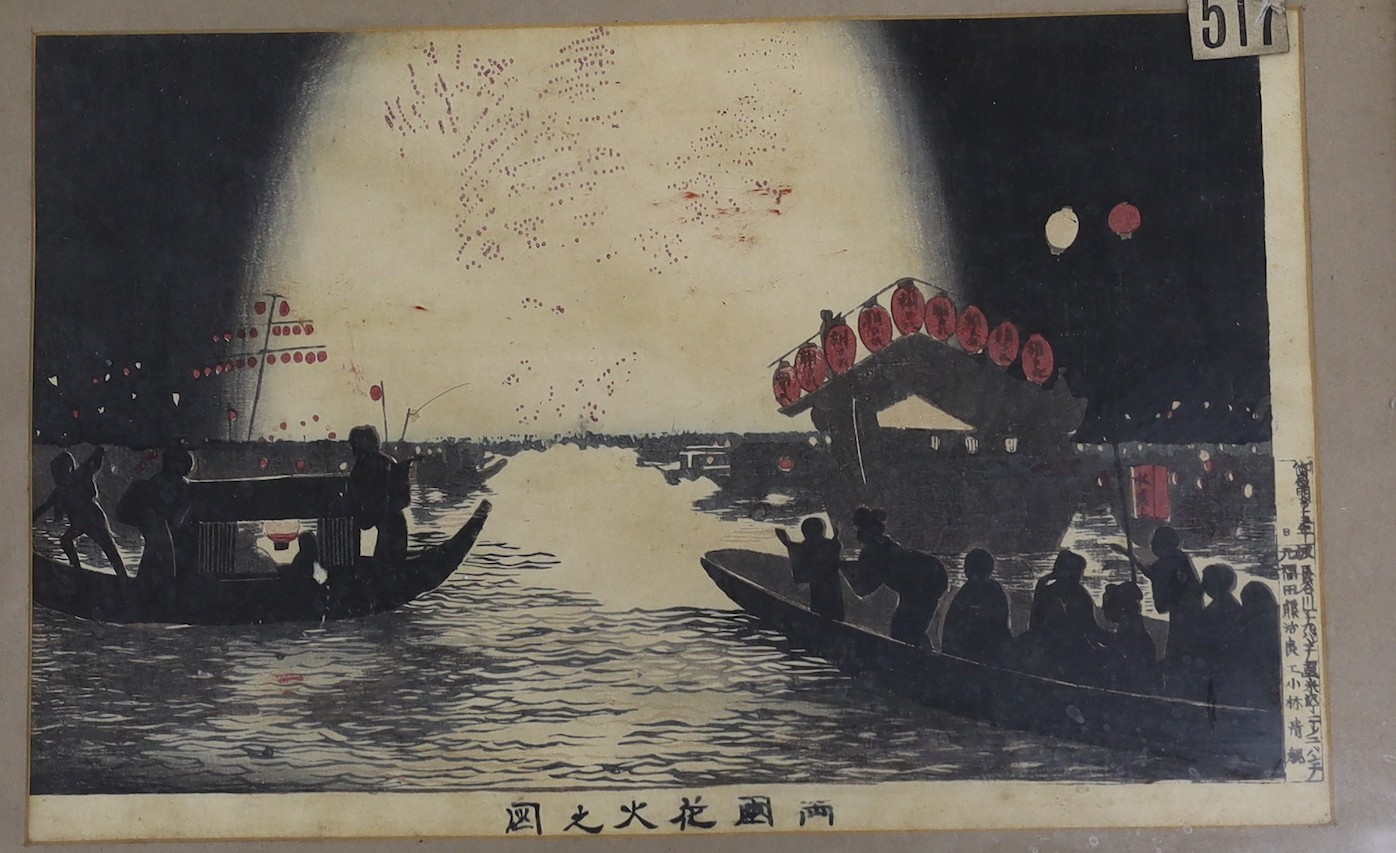 Kobayashi Kiyochika (1847-1915), five woodblock prints, Fireworks at Ikenohata, and other images, 21 x 31.5cm